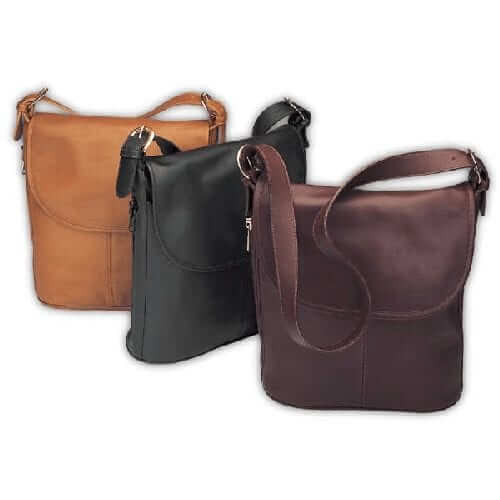 Collection of stylish concealed carry handbags in brown, black, and tan by Galco Gunleather, offering elegance and practicality.